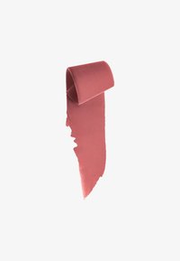 Støvrose satengbånd med en glat overflade, der har en foldet top og en ujævn klippekant. Længden er cirka 20 cm.