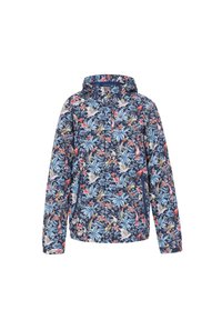 Veste à motif floral avec un fond bleu marine, fermeture éclair intégrale et capuche. Le matériau est léger et lisse avec des couleurs vives.