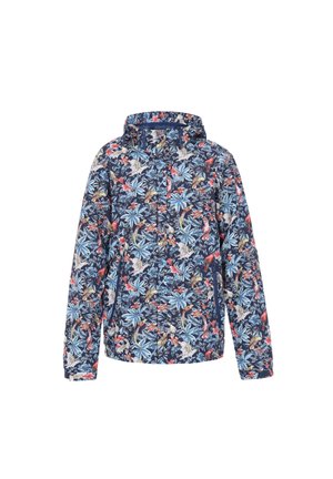 Blomstret jakke med marineblå baggrund, fuld lynlås og hætte. Materialet har en let og glat tekstur med livlige farver.