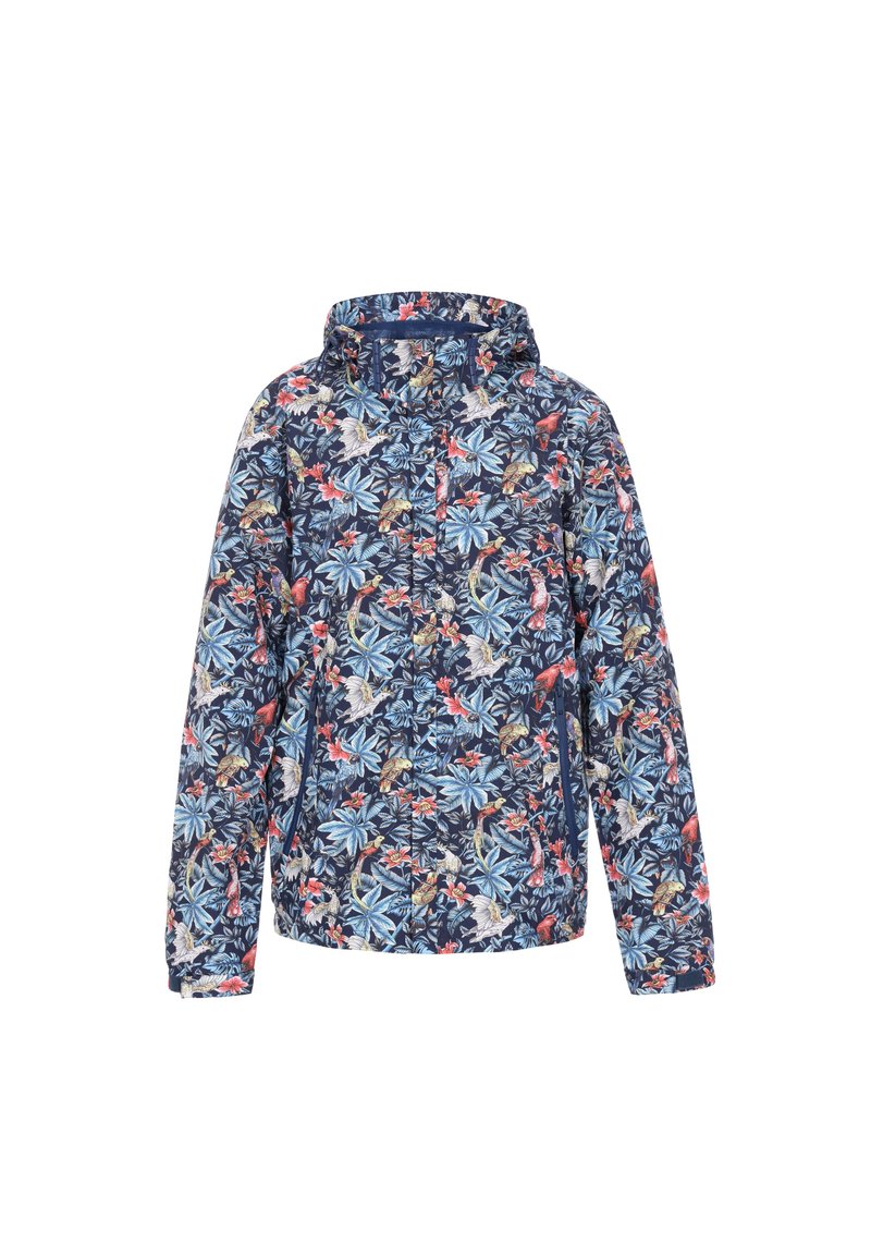 Veste à motif floral avec un fond bleu marine, fermeture éclair intégrale et capuche. Le matériau est léger et lisse avec des couleurs vives.
