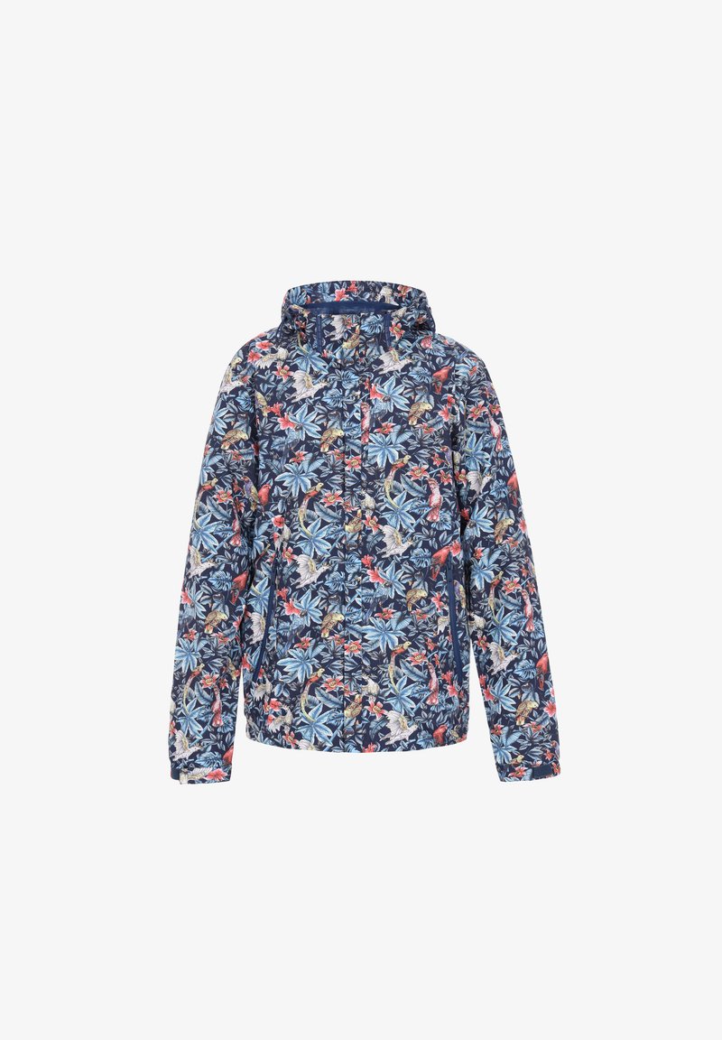 Veste à motif floral avec un fond bleu marine, fermeture éclair intégrale et capuche. Le matériau est léger et lisse avec des couleurs vives.