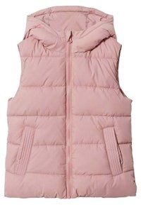 Světle růžová vyp padded vesta s předním zipem, kapucí a ribbovanými kapsami. Hladký povrch s vodorovným prošíváním po celém povrchu.