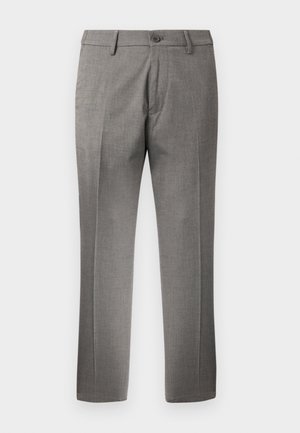Pantaloni eleganti grigi da uomo su misura con passanti per cintura, chiusura frontale con bottone e piega centrale su ogni gamba.