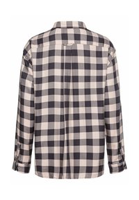 Chemise à manches longues à carreaux noir et blanc avec poignets boutonnés, vue de dos avec un pli central sous le yoke.