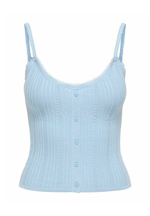 Jasnoniebieski dziergany top bez rękawów z cienkimi ramiączkami, pionowym fakturowanym wzorem, falistym brzegiem i przednimi guzikami w kształcie serca.