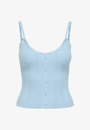 Jasnoniebieski dziergany top bez rękawów z cienkimi ramiączkami, pionowym fakturowanym wzorem, falistym brzegiem i przednimi guzikami w kształcie serca.