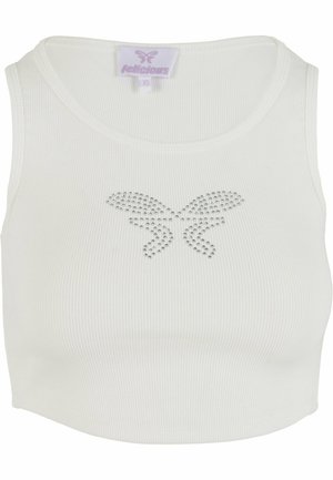 Valkoinen ribattu crop-top, jossa on keskellä strassikukkanen design. Kangas näyttää pehmeältä ja siinä on tiukka siluetti sekä pyöreä kaula-aukko.