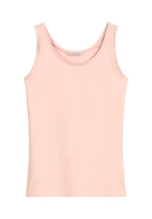 Jasnoróżowy top na ramiączkach wykonany z miękkiej bawełny. Posiada okrągły dekolt i bezrękawnikowy krój, gładkie krawędzie i brak wzorów.