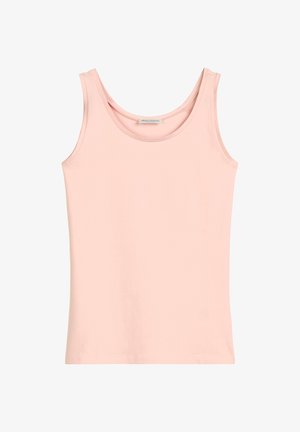 Jasnoróżowy top na ramiączkach wykonany z miękkiej bawełny. Posiada okrągły dekolt i bezrękawnikowy krój, gładkie krawędzie i brak wzorów.