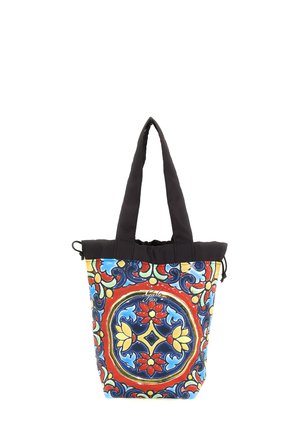 Borsa tote con manici neri e motivo floreale colorato a piastrelle in rosso, blu, giallo e verde, con chiusura a coulisse in alto.