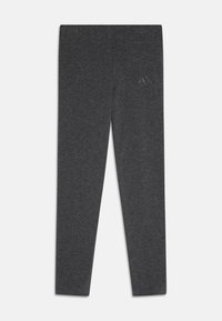 Leggings sportivi grigi realizzati in tessuto elasticizzato, dotati di una texture liscia, vita elastica e un piccolo logo in rilievo sul lato sinistro.