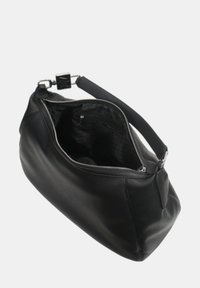Borsa a mano in pelle nera con una superficie liscia, chiusura con zip e una singola tracolla regolabile. L'interno presenta una tasca con zip e foderatura con logo.