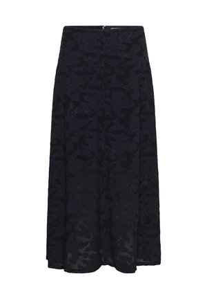 Falda midi negra en línea A con sutil patrón floral de jacquard y cierre de cremallera en la parte trasera.