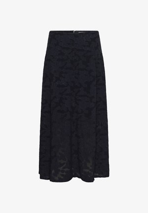 Fekete A-vonalú midi szoknya finom virágos jacquard mintával és hátul cipzárral.