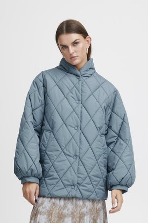 Veste matelassée bleu clair avec un col haut, des boutons à l'avant et des poches latérales ; elle a une coupe ample avec des manches volumineuses.