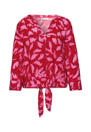 Rød bluse med lange ærmer med pink abstrakt bladmotiv, knap-lukning foran, V-hals og bindedetalje foran ved kanten.