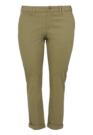 Olive green tapered pants with a smooth texture, featuring a button closure, belt loops, and rolled cuffs at the ankles.