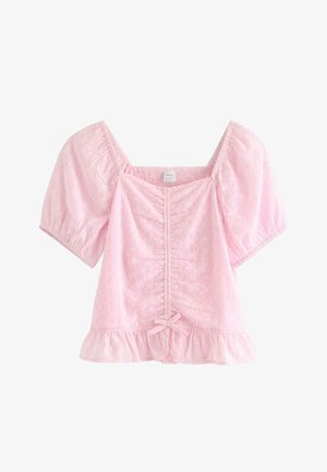 Jasnoróżowa bluzka z bufiastymi rękawami, kwadratowym dekoltem, marszczonym przodem, delikatnym kwiatowym haftem ażurowym, falbankowym dołem oraz małą kokardką na dole na środku.