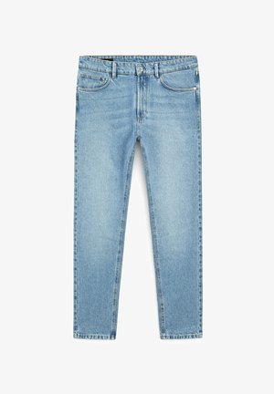 Lichtblauwe denim jeans met een recht model, voorzien van vijf zakken en een knoopsluiting. Glad oppervlak en minimale stikseldetails.