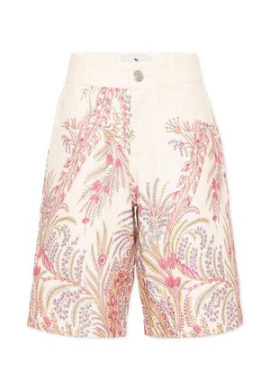 Pantalones cortos de tiro alto con cierre de botones, con base en crema clara y un intrincado estampado botánico en rosa, amarillo y lavanda.