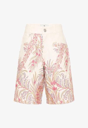 Pantalones cortos de tiro alto con cierre de botones, con base en crema clara y un intrincado estampado botánico en rosa, amarillo y lavanda.