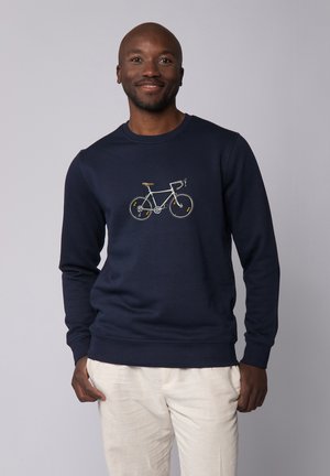 Donkerblauwe sweatshirt met een geborduurd fietsontwerp in wit en geel. Glad materiaal met een ronde hals en lange mouwen.