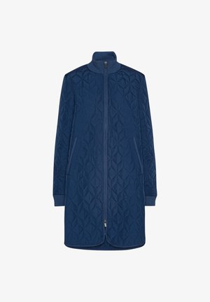 Abrigo acolchado azul marino con cuello alto, cremallera completa, dos bolsillos laterales y puños acanalados, con un patrón de diamantes en toda la prenda.