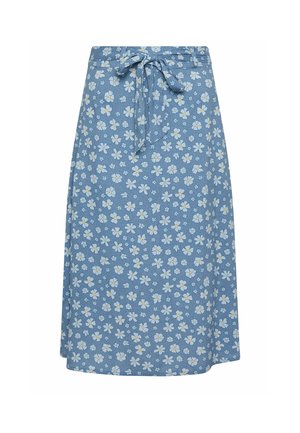 Niebieska spódnica do kolan z białym i żółtym kwiatowym wzorem oraz zawiązaną kokardą w talii.