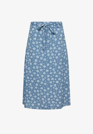 Gonna blu al ginocchio con motivo floreale bianco e giallo e fiocco annodato in vita.