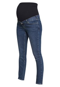 Jeans de maternidad con un acabado de denim azul oscuro. Presentan una cinturilla elástica negra para mayor comodidad y un diseño ajustado con un estilo clásico de cinco bolsillos.