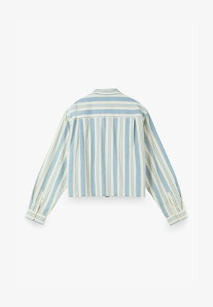 Chemise à manches longues boutonnée avec des rayures verticales et horizontales bleu clair et crème, vue de dos sur fond blanc.