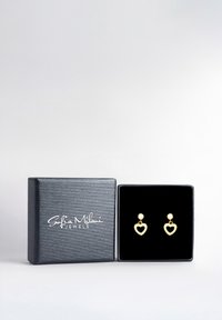 Guldörhängen i hjärtform med en liten ädelstensdetalj, visade i en svart ask klädd med sammetsfoder och med en texturerad svart utsida.