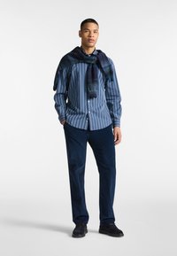 Camicia button-up a righe blu e bianche, pantaloni blu scuro, scarpe scure e una sciarpa a fantasia blu appoggiata sulle spalle.