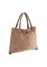 Braune Wildleder-Tasche mit Lederakzenten, doppelten Griffen und einer glatten Textur. Auf der Vorderseite befindet sich ein dezentes Markenlogo.