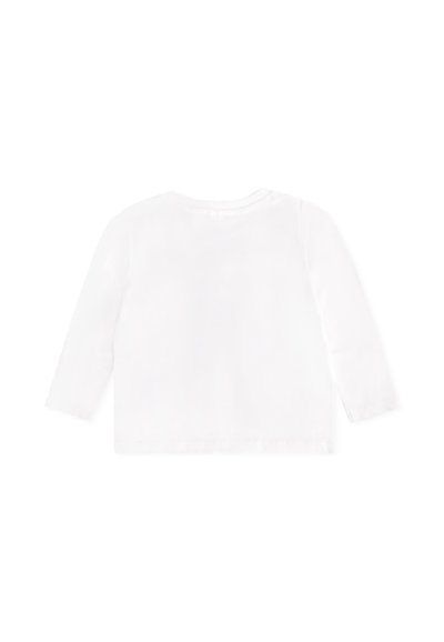 Maglietta bianca a maniche lunghe per bambini con girocollo, mostrata da dietro su uno sfondo bianco.