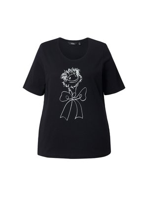 Camiseta negra de manga corta con un dibujo lineal en blanco de un avestruz con un lazo. Cuello redondo, fabricada en suave material de algodón.