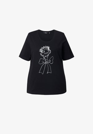 Zwarte T-shirt met korte mouwen met een witte lijntekening van een struisvogel met een strik. Ronde halslijn, gemaakt van zacht katoen.