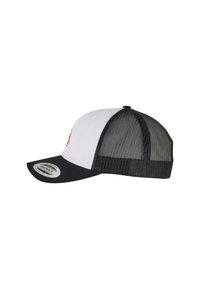 White and black snapback cap with a curved visor, mesh panels at the back, featuring a red logo on the front. Smooth texture.