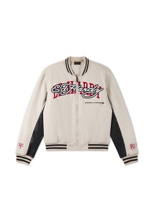 Beige zip-front jacket with black side panels, striped cuffs and hem, red and black "Ed Hardy" embroidery, and red Asian characters on sleeves.