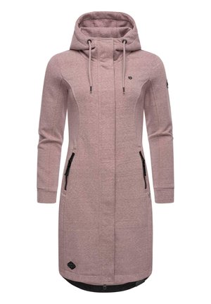 Pink long jacket with a hood, featuring a front zipper, two side pockets with zippers, and textured fabric. Accented with brand logo.