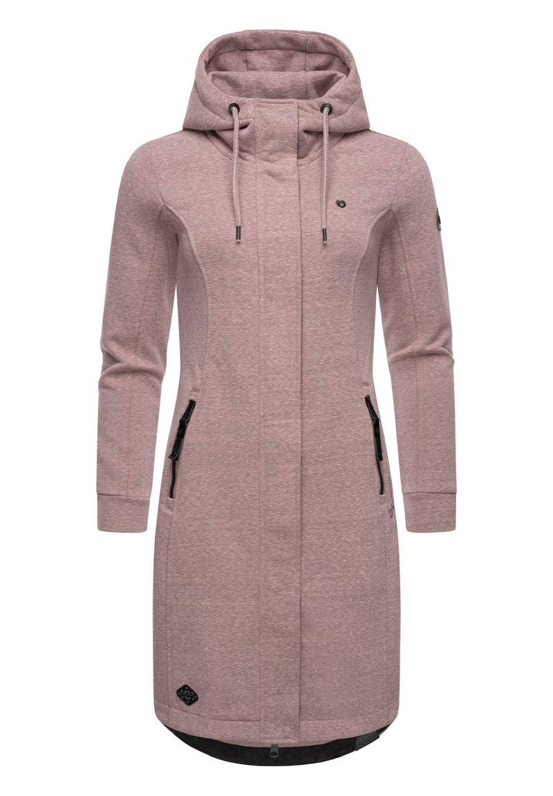 Pink long jacket with a hood, featuring a front zipper, two side pockets with zippers, and textured fabric. Accented with brand logo.