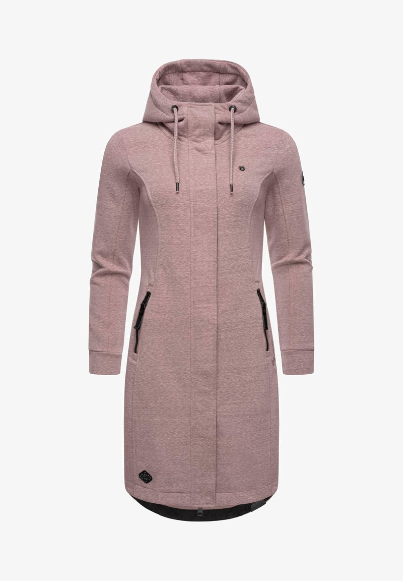 Pink long jacket with a hood, featuring a front zipper, two side pockets with zippers, and textured fabric. Accented with brand logo.