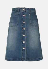 Blauer Denim A-Linien-Rock mit Knopfleiste vorne, zwei Fronttaschen, Gürtelschlaufen und ausgewaschenen Details.