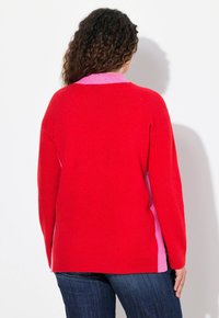 Rode trui met roze accenten aan de zijkanten, gebreide textuur, relaxte pasvorm en geribbelde manchetten. Gecombineerd met donkere jeans. Achteraanzicht weergegeven.