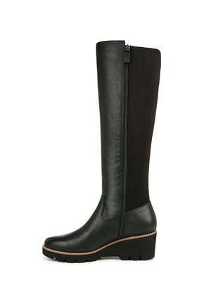 Black knee-high boots with a textured leather front and stretchy fabric back, featuring a side zipper and a wedge sole.