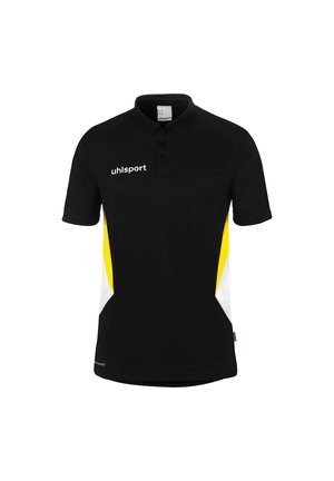 Polo noir à manches courtes avec panneaux latéraux jaune et blanc, patte de boutonnage à deux boutons et logo "uhlsport" sur la poitrine gauche.