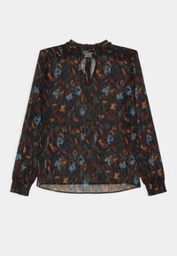 Blouse à manches longues en tissu noir transparent avec un motif abstrait de fleurs bleues et oranges, dotée d'un col volanté et d'un détail en forme de trou de serrure.