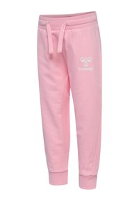 Rosa bomullsjoggers med elastisk midjeband, snörstängning och ribbade mudd detaljer. Har en vit logotyp på vänster lår.