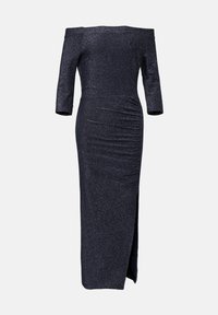 Off-the-shoulder navy dress with three-quarter sleeves, glittery texture, bodycon fit, and side slit detailing.