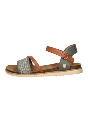 Flat sandal with a woven gray front strap, brown ankle strap with buckle, green heel support, cork footbed, and beige rubber sole.